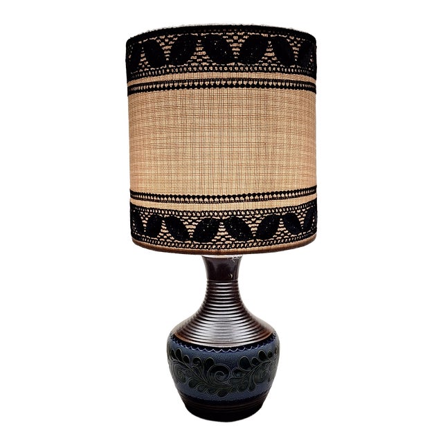 Vintage Table Lamp with Blue-Brown Ceramic Base and Fabric Shade, 1970s For Sale