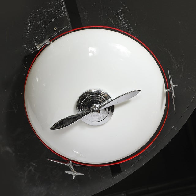Chrome Art Deco Machine Age Milk Glass & Chrome Airplane Flush Mount For Sale - Image 8 of 12