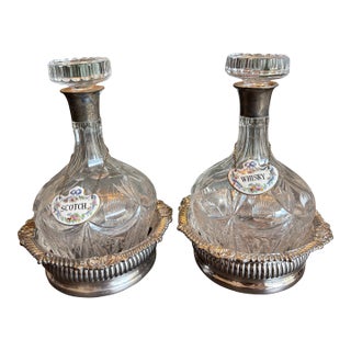 Vintage Cut Glass Decanters Pair Scotch Whisky Labels Silver Mount For Sale