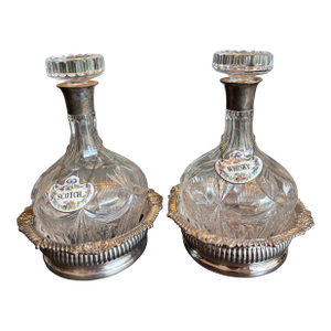 Vintage Cut Glass Decanters Pair Scotch Whisky Labels Silver Mount
