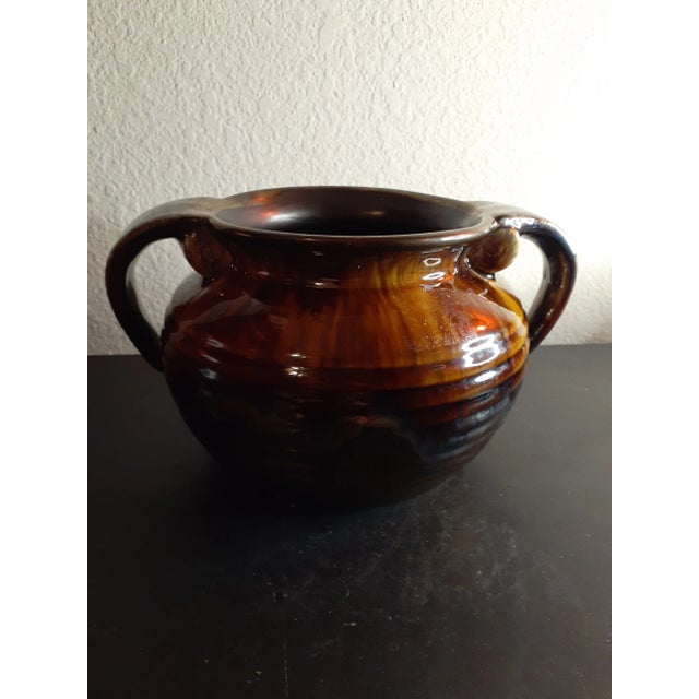 Art Deco Vintage Art Studio Glazed Pottery Dual Handle Squat Vase For Sale - Image 3 of 7