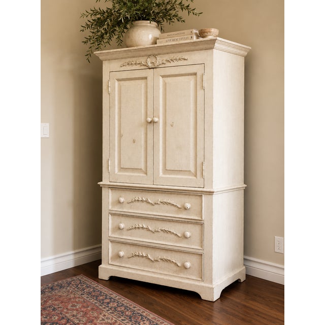 Wood Vintage Distressed Solid Wood Armoire With Carved Laurel Details For Sale - Image 7 of 7