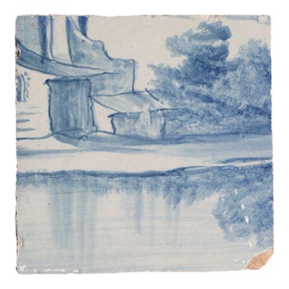 Antique 18th Century Blue and White Portuguese Tile Depicting Medieval Houses by the River For Sale