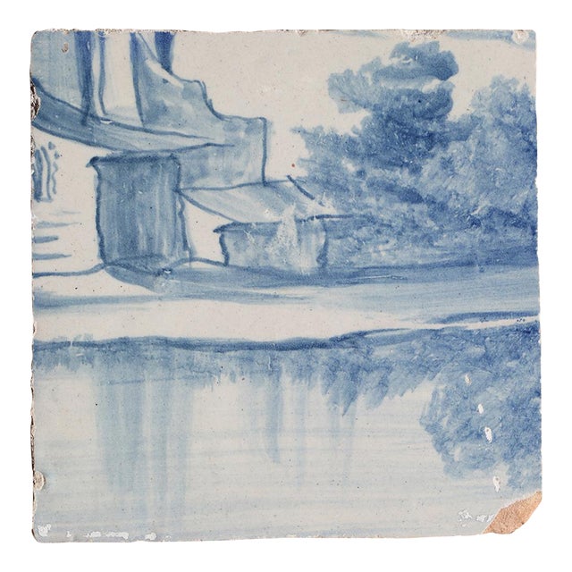 Antique 18th Century Blue and White Portuguese Tile Depicting Medieval Houses by the River For Sale