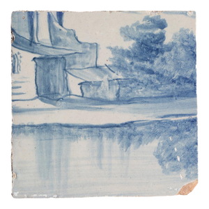 Antique 18th Century Blue and White Portuguese Tile Depicting Medieval Houses by the River