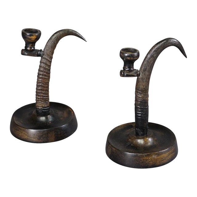A Pair Lovely Antique Candle Holders With Chamois Horns For Sale