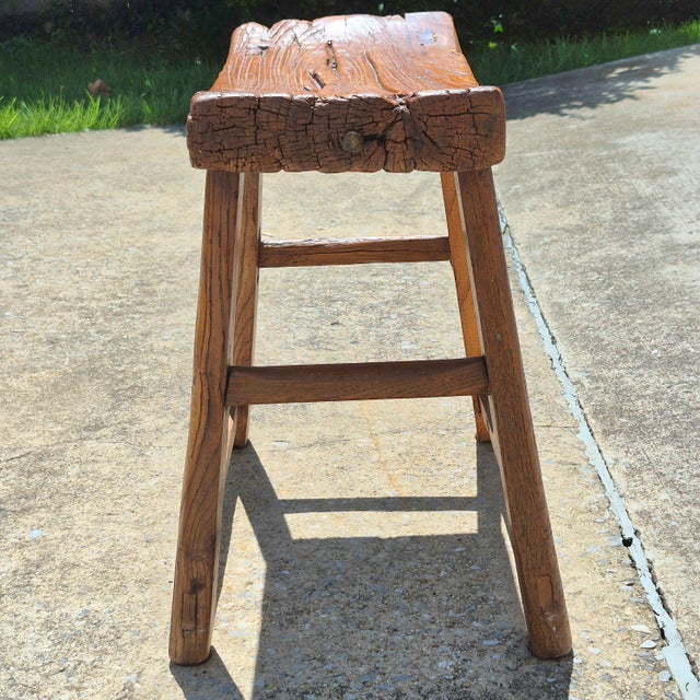 Vintage Rustic Asian Hand-Hewn Elm Wood Saddle Seat Low Stool For Sale - Image 4 of 10