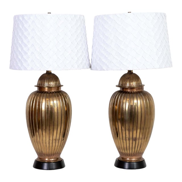 Mid-Century Modern Pair Ribbed Brass Table Lamps For Sale