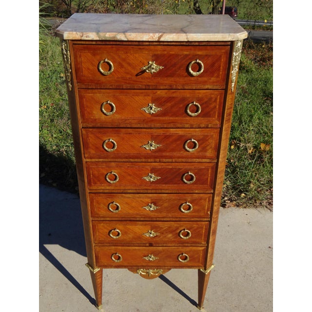 Louis XVI Marquetry Chest of Drawers in Wood with Bronze and Marble For Sale - Image 11 of 18