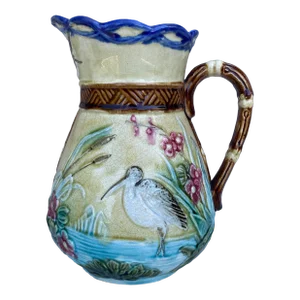 19th Century Belgium Majolica Bird Stork Pitcher