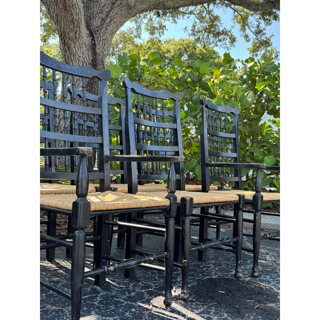 English Set of 6 Vintage Black Painted Spindle-Back & Ladder-Back Rush Seat Dining Chairs For Sale - Image 3 of 12