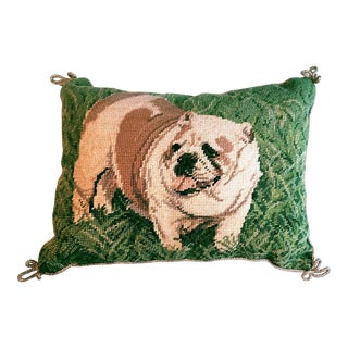 Vintage Crewel Wool Pillow With Bulldog 16.5" For Sale