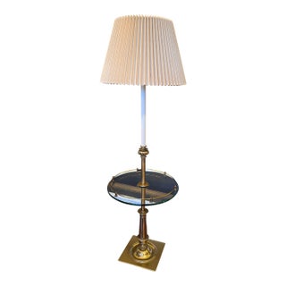 Vintage Stiffel Brass Floor Lamp With Integrated Glass Drink Table Original Shade For Sale