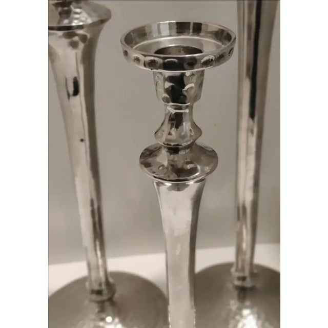 Vintage Tall Sculptural Hammered Silver Metal Candlesticks- Set of 3 For Sale - Image 4 of 6