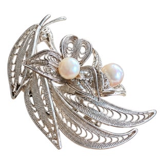 Mid-Century Sterling Silver Filigree & Japanese Pearls Flower Spray Brooch / Pin For Sale