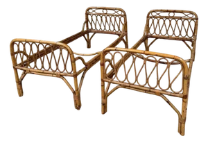Mid-Century Modern Italian Rattan and Bamboo Daybed with Wooden Slatted Bed Nets, 1960s, Set of 2