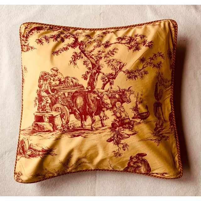 Metal Toile De Jouy Throw Pillow Cover, Automne Pattern, Red and Gold, 20-Inch Square For Sale - Image 7 of 11
