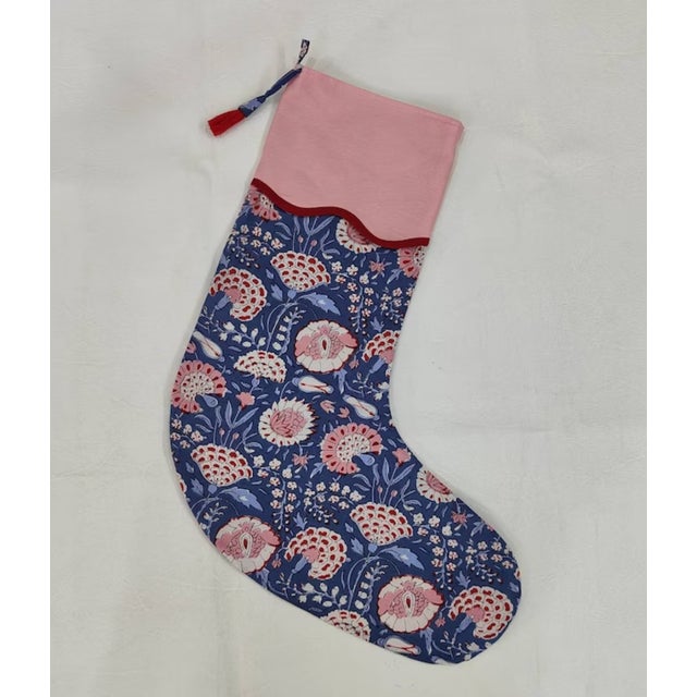 Indian Handmade Dark Blue Floral Block Print Christmas Stocking with Red Piping For Sale - Image 3 of 3