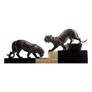 Irénée Rochard, Lionesses in the Water, 1920s, Cast Iron and Onyx For Sale