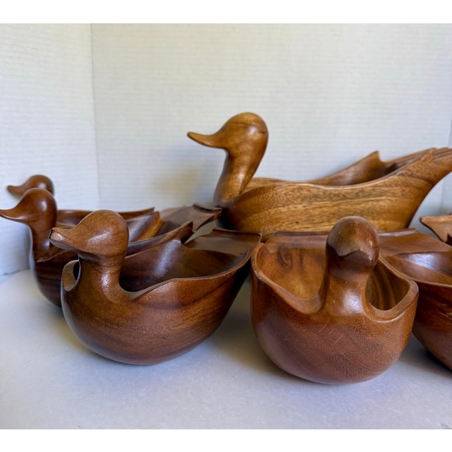 Mid-Century Modern Mid 20th Century Mid-Century Modern Hand-Carved Wood Duck Salad Bowl Set With Serving Bowl - 9 Pieces For Sale - Image 3 of 12