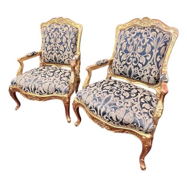Mid 20th Century Pair of Louis XV Style Giltwood Fauteuil Chairs For Sale