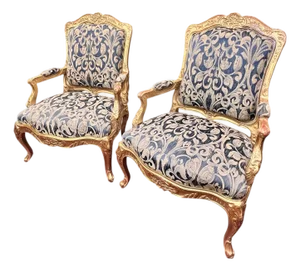 Mid 20th Century Pair of Louis XV Style Giltwood Fauteuil Chairs