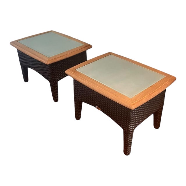 1970s Gloster Teak and Wicker Outdoor/Indoor Side Tables, Frosted Glass Surface - Set of 2 For Sale