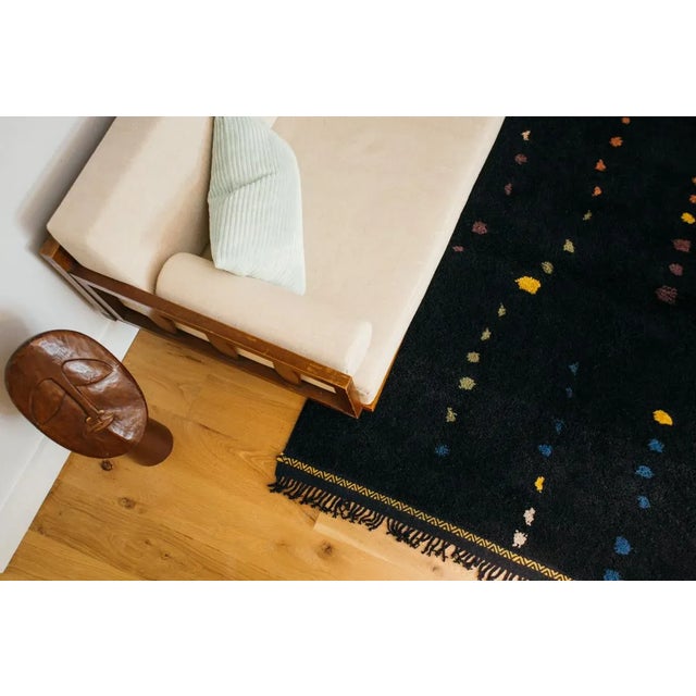 Berber Tribes of Morocco Midnight Black With Multicolor Linear Dot Pattern Handmade-To-Order Moroccan Wool Rug - 9x12 Ft For Sale - Image 4 of 10