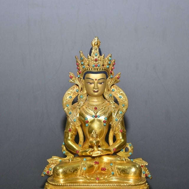 Late 19th Century Gilt Bronze Amitayus Buddha Statue With Turquoise Inlays, 871g For Sale - Image 4 of 8