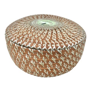 1980s Boho Chic Pine Needle Lidded Basket For Sale