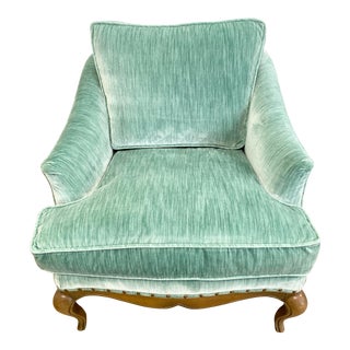 Mid Century Green Velvet Studded Down Filled Armchair For Sale