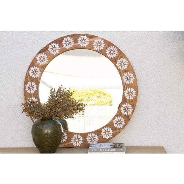 Round Reclaimed Teak Blossom Inlay Mirror For Sale - Image 9 of 9