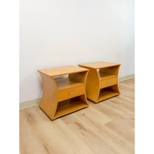 This utterly unique pair of curved hourglass shaped double sided nightstands are a genuinely one-of-a-kind vintage bedroom...