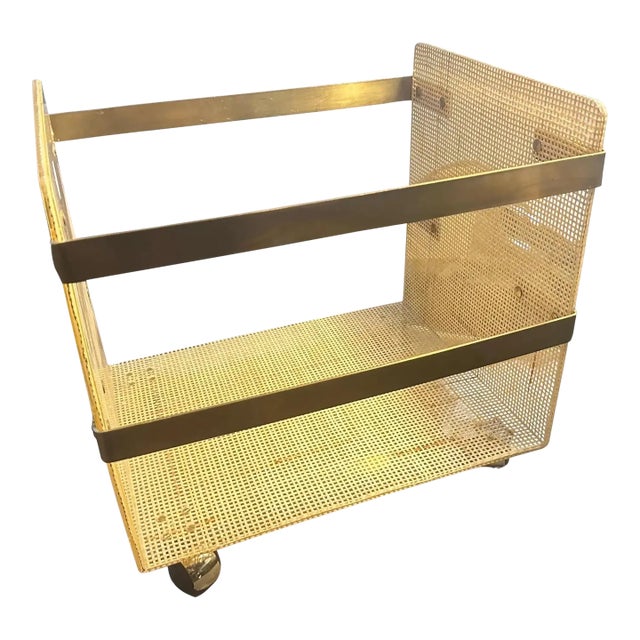 1980s Dior Home Style Mid-Century Modern Brass and Wicker Magazine Stand For Sale