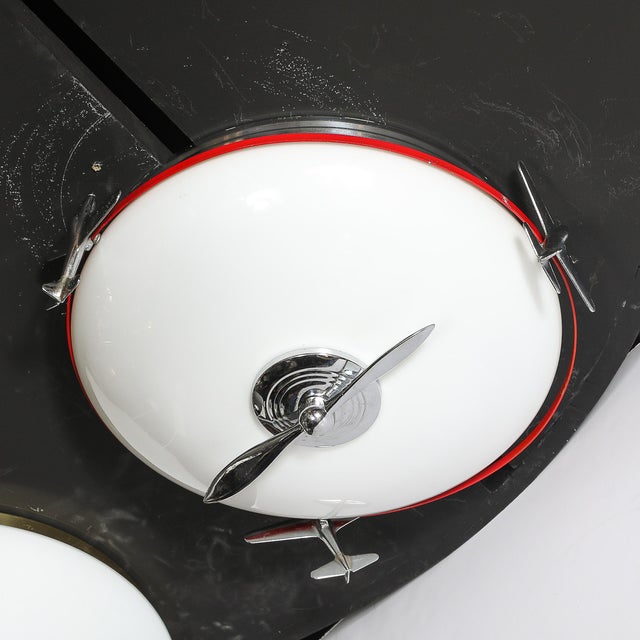 Art Deco Machine Age Milk Glass & Chrome Airplane Flush Mount For Sale - Image 12 of 12