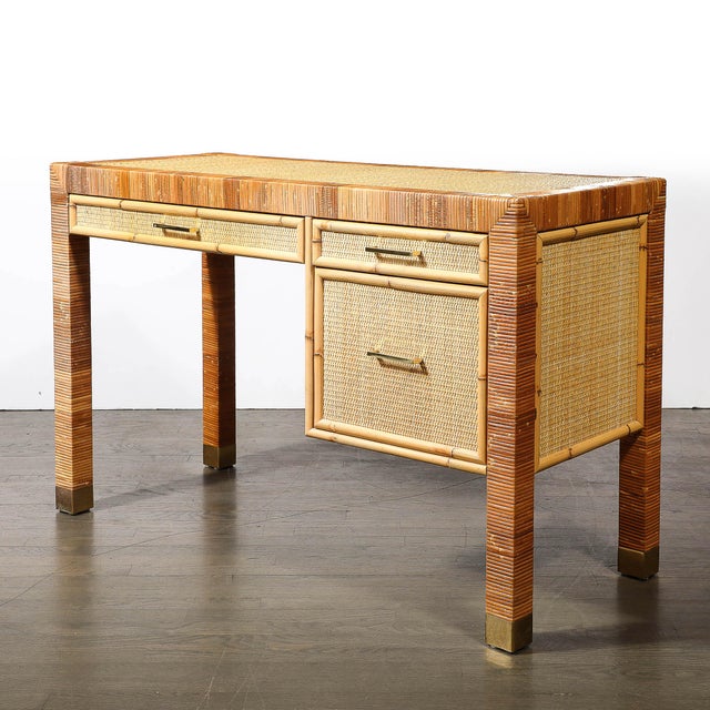 Mid-Century Modern Mid-Century Modernist Rattan & Bamboo Wrapped Desk Signed Bielecky Brothers For Sale - Image 3 of 18