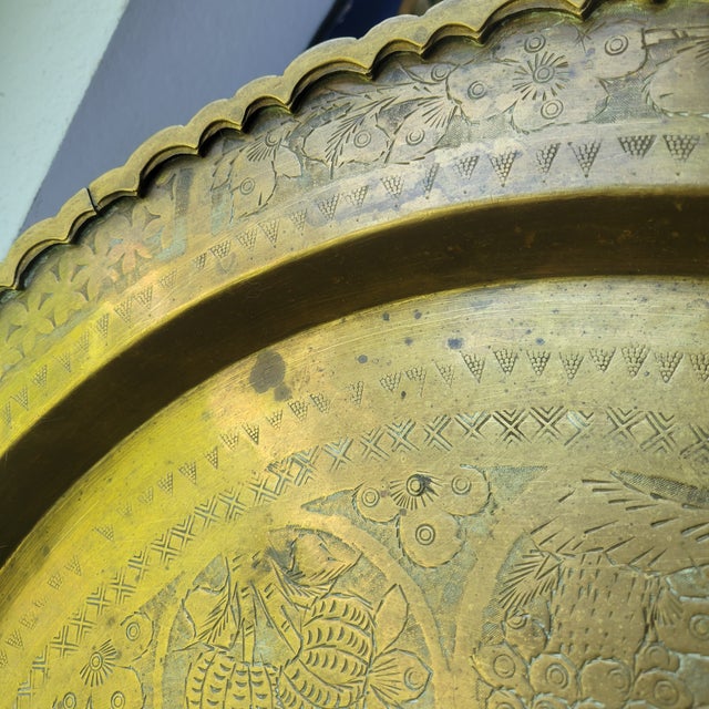 1970s Lg VTG Oriental Brass Serving Tray or Wall Decor Hong Kong W/Hanger + Stand Boho For Sale - Image 5 of 13