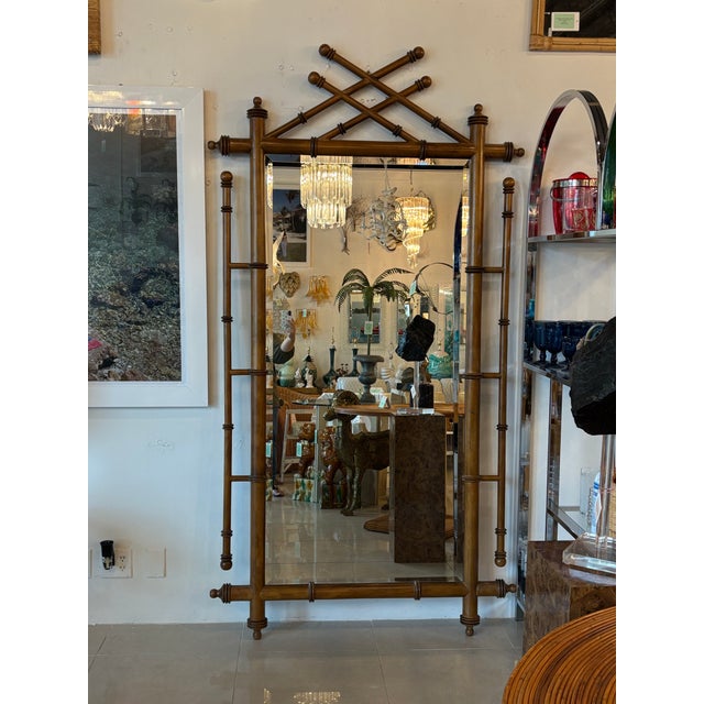 Vintage Faux Bamboo Wood British Colonial Wall Floor Full Length Mirror For Sale In West Palm - Image 6 of 12