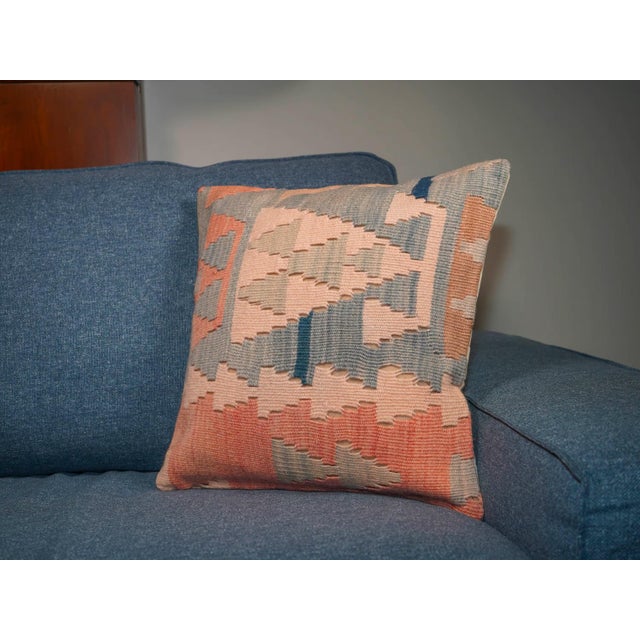 Soft Pastel Kilim Pillow – 16x16 Vintage Handwoven Geometric Cover For Sale - Image 10 of 11