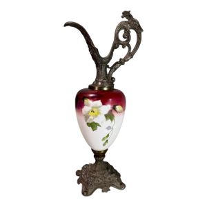 Antique Victorian Ornate Cast Metal & Floral Hand Painted Art Glass Ewer