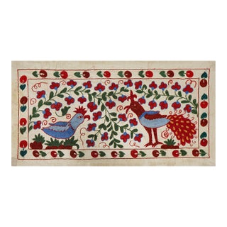 Ethnic Suzani Peacock Decor - Colorful Pictorial Cotton Tapestry 1'6'' X 3'1'' For Sale