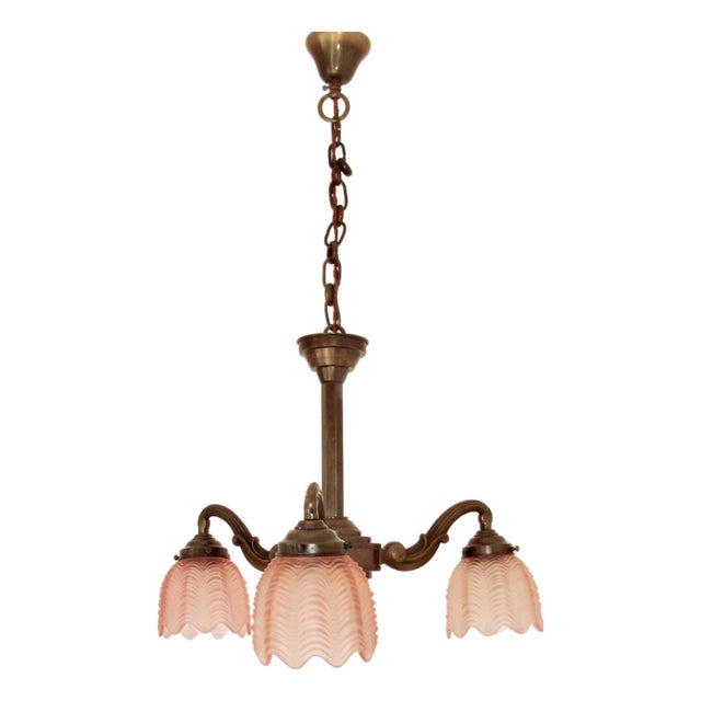 Art Deco Bronze and Glass Chandelier, 1920s For Sale