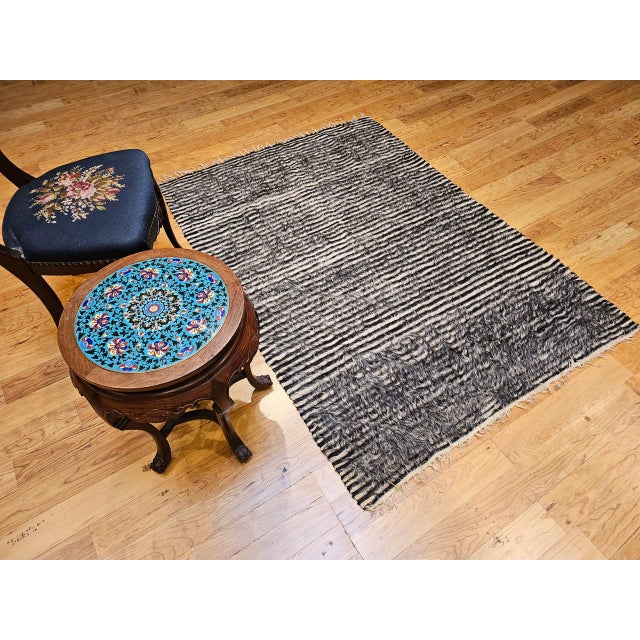 Vintage Turkish Tulu Rug, Handwoven, Shaggy Wool Pile, Stripe Design, 4' x 6' For Sale - Image 4 of 14