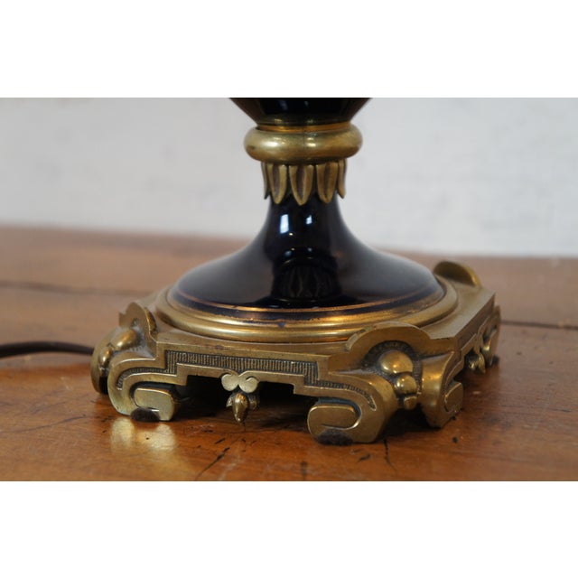 Antique French Empire Converted Cobalt Blue Glass Brass Urn Oil Lamp For Sale - Image 10 of 12