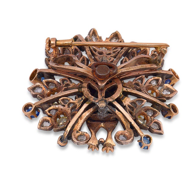 19th Century Victorian Old Cut Diamond Sapphire Iron Silver Peacock Brooch For Sale - Image 4 of 7