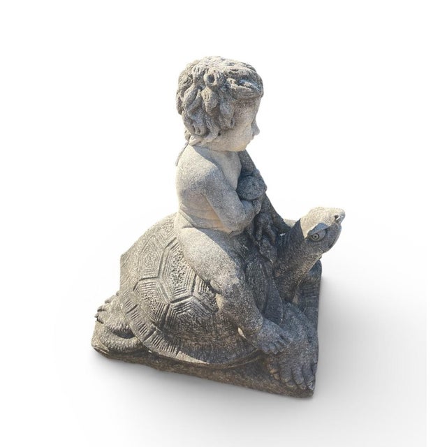 Vintage Limestone Putti Riding a Giant Tortoise Garden Statue For Sale - Image 4 of 8