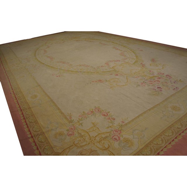 Late 19th Century 1890s Ivory Floral Medallion Antique French Aubusson Rug 13' 6'' X 22' 6'' Flatweave Wool Carpet For Sale - Image 5 of 6