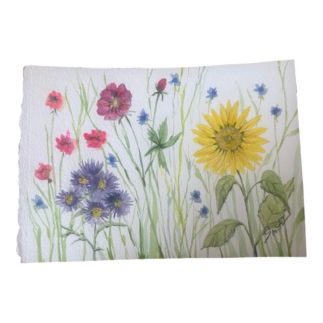 “Summer Meadow With Sunflower” Signed Original Watercolor Botanical Painting by Nancy Smith For Sale
