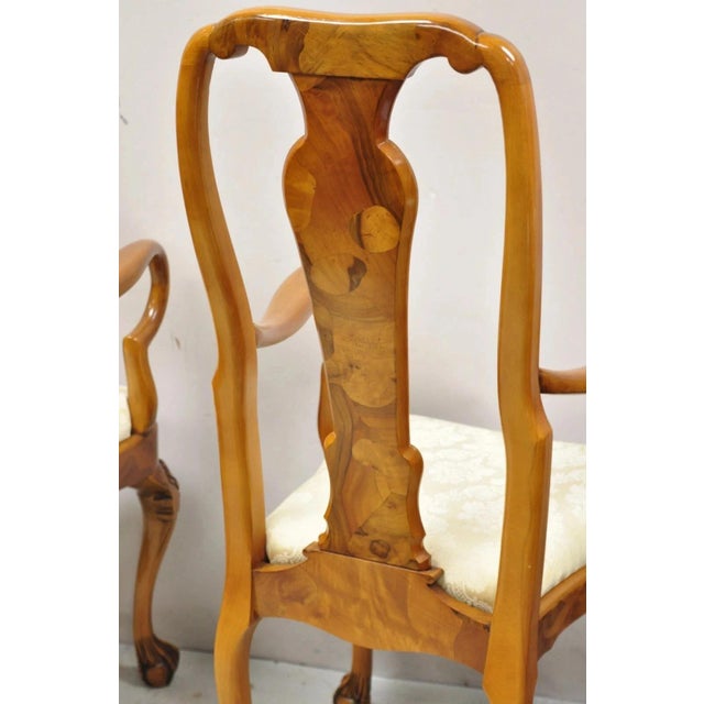 Vintage Queen Anne Style Italian Burl Wood Marquetry Inlay Arm Chairs - A Pair For Sale - Image 11 of 12