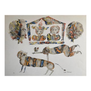 Sakti Burman, Contemporary Indian Art Master Lithograph in Color Abstract Figures with Cat, c.1960's For Sale